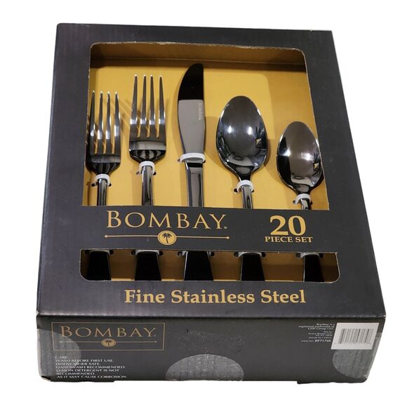 Bombay 20 Pc Set MARSALA Fine Stainless Steel Utensils Flatware Black NEW - Picture 1 of 10